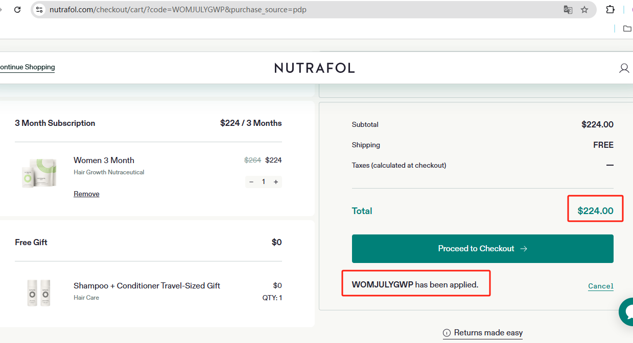 Nutrafol Women 3-month subscription with auto promo code WOMJULYGWP