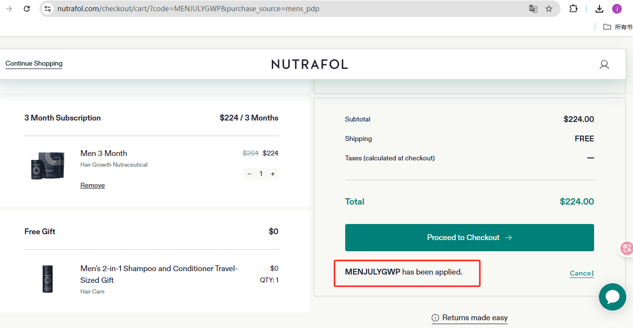 Nutrafol checkout page with auto discount