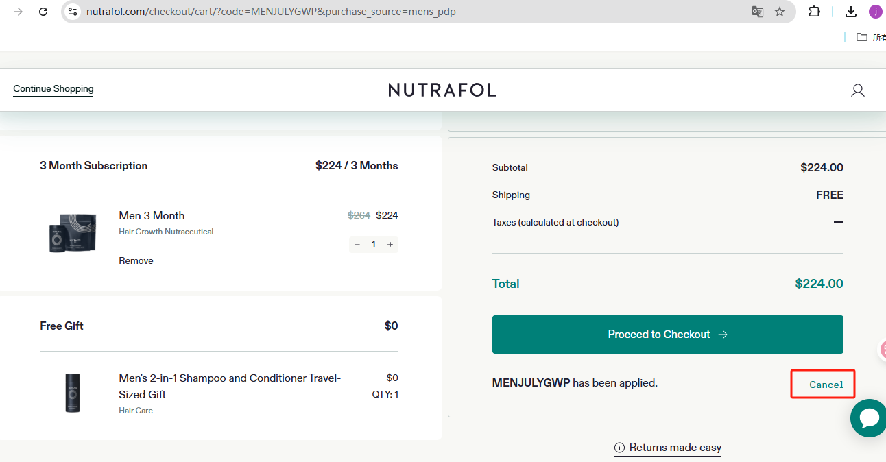 Click cancel to cancel discount code
